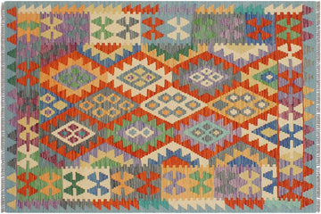 Flat Weave Kilim, Antique, Navaho, Vintage, Handmade, Geometric Kilim Rust Blue Hand-Woven Rectangle 100% Wool Area Rug 3 x 5